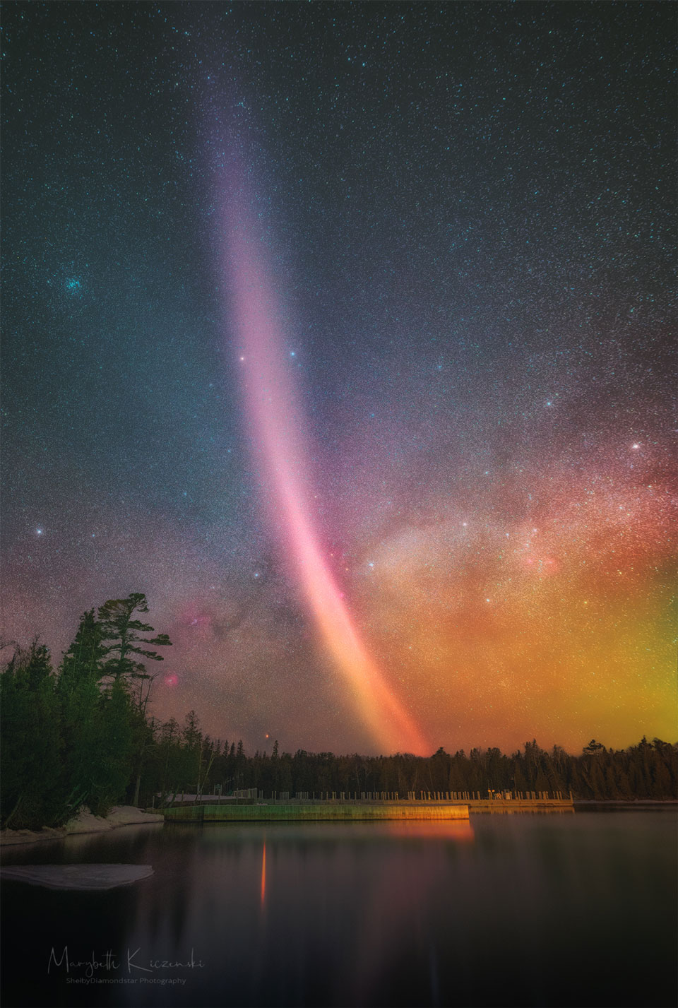 A picture of a STEVE arc over Copper Harbor, Michigan, with the Milky Way
across the background. 
Please see the explanation for more detailed information.