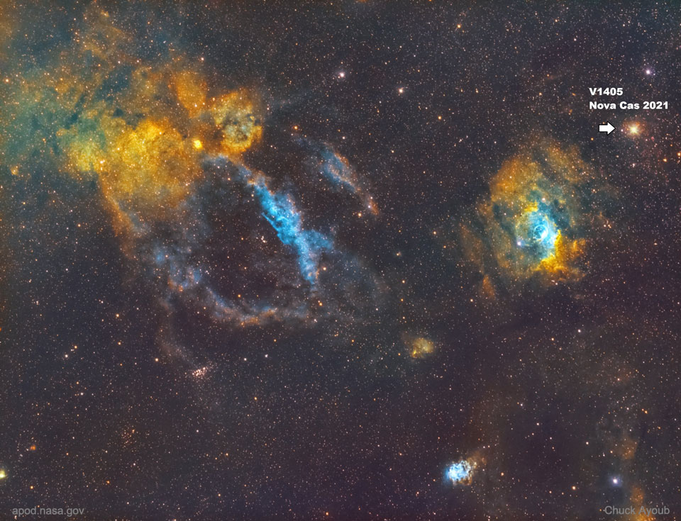 A deep image toward the constellation of Cassiopeia 
showing transient Nova Cas as it appeared in 2021 March. 
Please see the explanation for more detailed information.