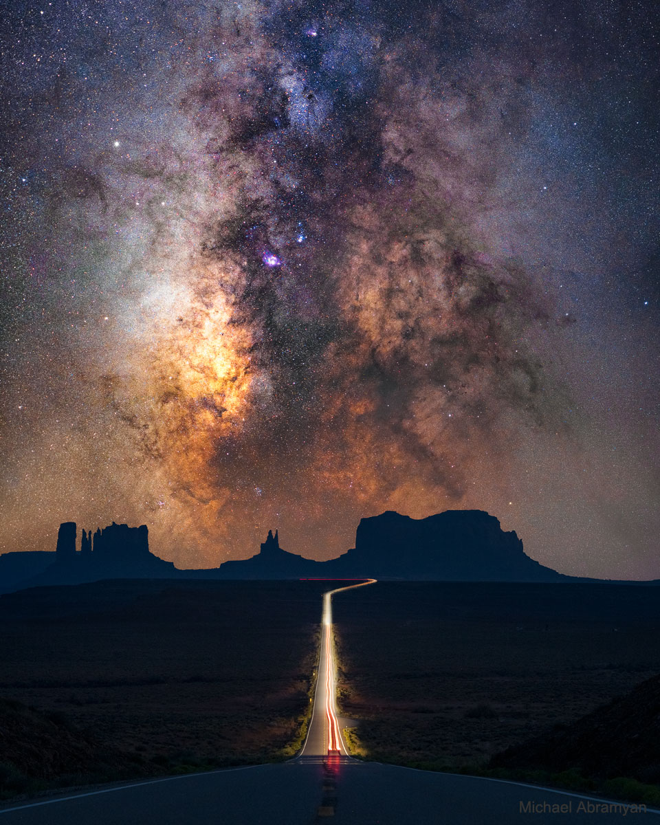 The picture shows the a composite image of Monument Valley, Utah, USA 
in the foreground, and the plane of the Milky Way Galaxy including 
the Galactic Center in the background. 
Please see the explanation for more detailed information.