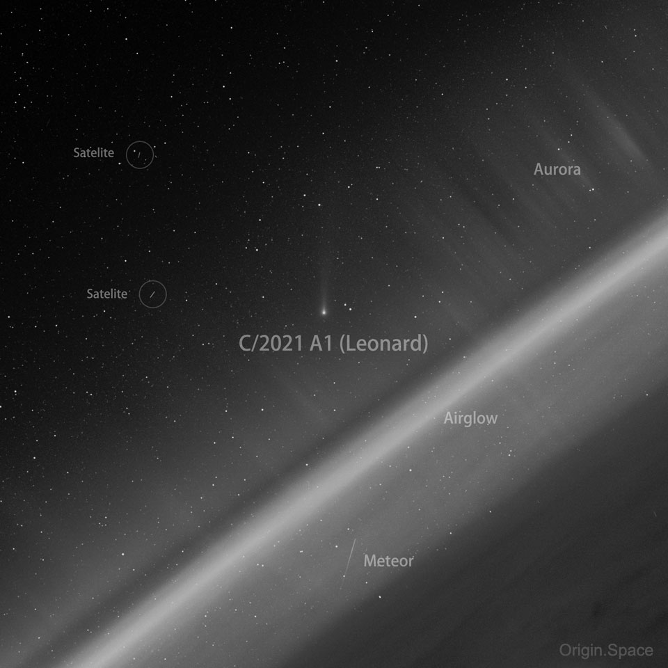 The picture shows a Comet Leonard from space. 
Also visible are auroras, a meteor, the Earth's atmosphere, stars, and
satellite trails. The image was taken by Origin.Space's Yangwang-1 telescope.
Please see the explanation for more detailed information.