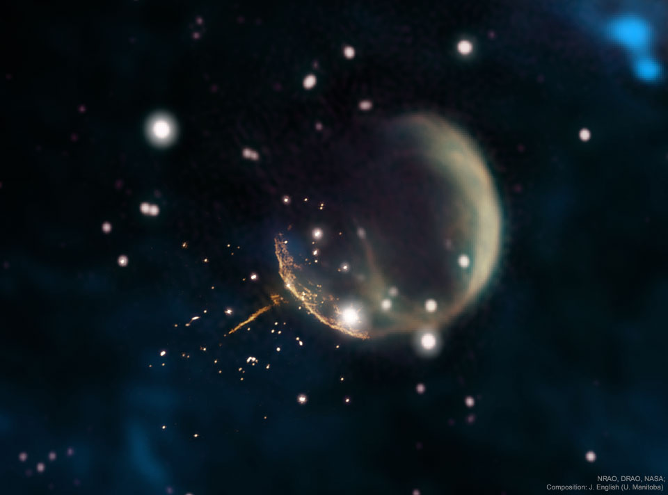 The featured illustration a supernova remnant with a 
line extending to the lower right that is the trail of 
a neutron star.
Please see the explanation for more detailed information.