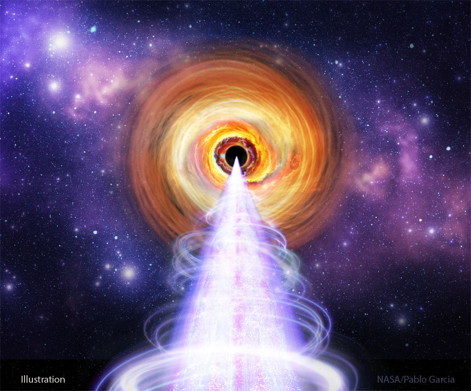 An artist's illustration of what the surroundings 
of the supermassive black hole at the center of BL Lac
is shown. A white jet protrudes horizontally toward
the bottom of the image, emanating from a orange accretion
disk surrounding a black hole. 
Please see the explanation for more detailed information.