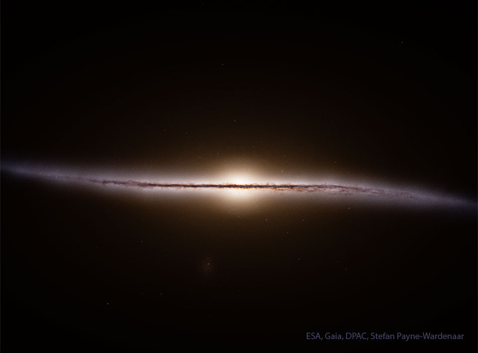 A dark field of space surrounds a thin but
colorful band horizontally across the center. 
The band is nearly straight but curves at its
outer edges. 
Please see the explanation for more detailed information.