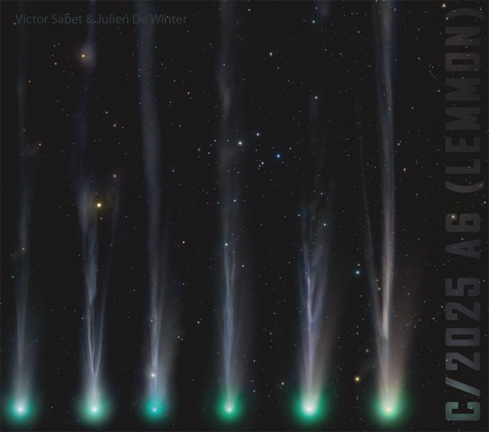 A comet with a green head at the bottom and a 
complex tail extending toward the top is shown,
horizontally side by side, six times.
Please see the explanation for more detailed information.