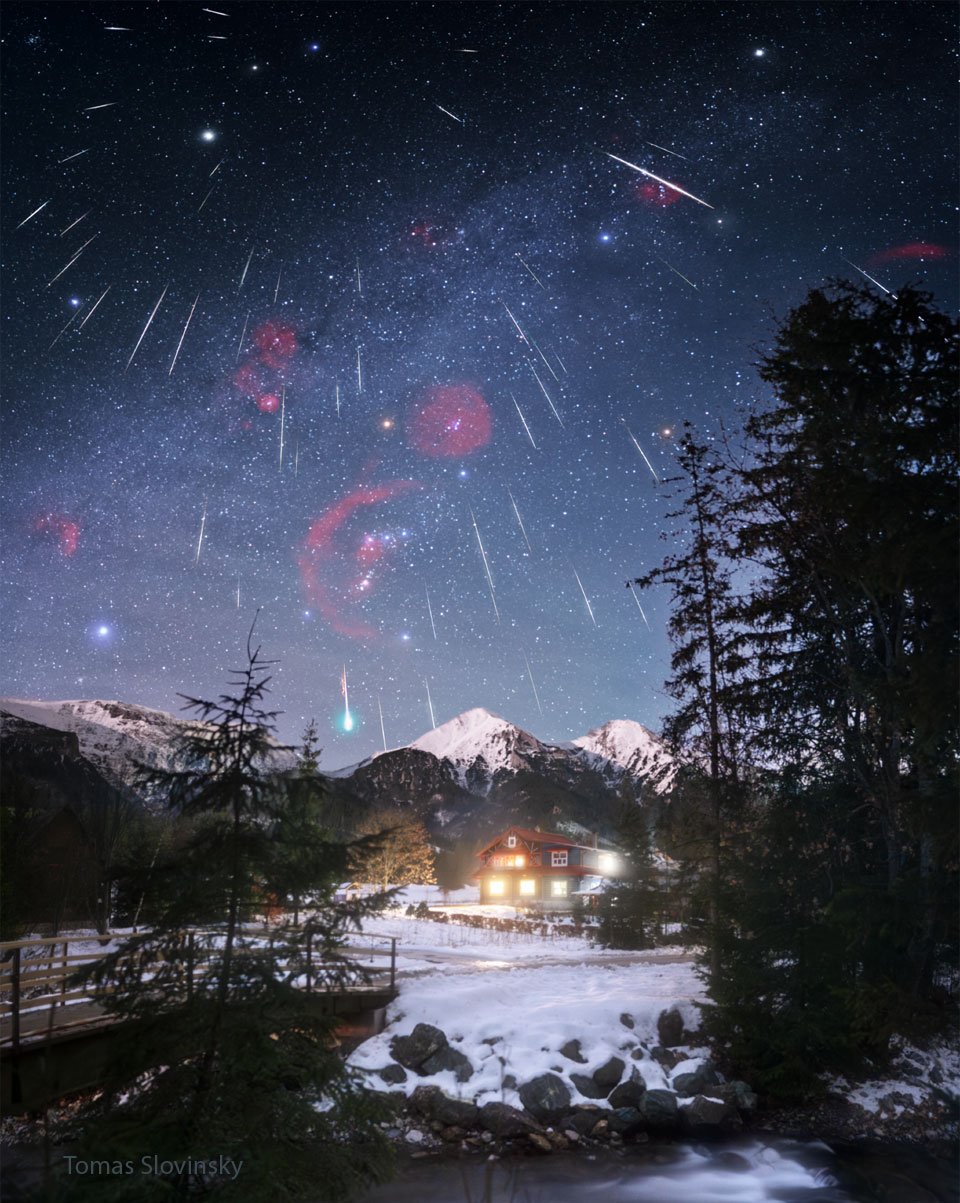 A picturesque winter landscape is seen before a dark but
busy sky. A stream and a house are visible in the foreground,
while snow-capped mountains are seen on the far horizon. In the
sky are many stars and many streaks caused by meteors. Also 
some red gaseous nebulas are visible in the sky. 
Please see the explanation for more detailed information.