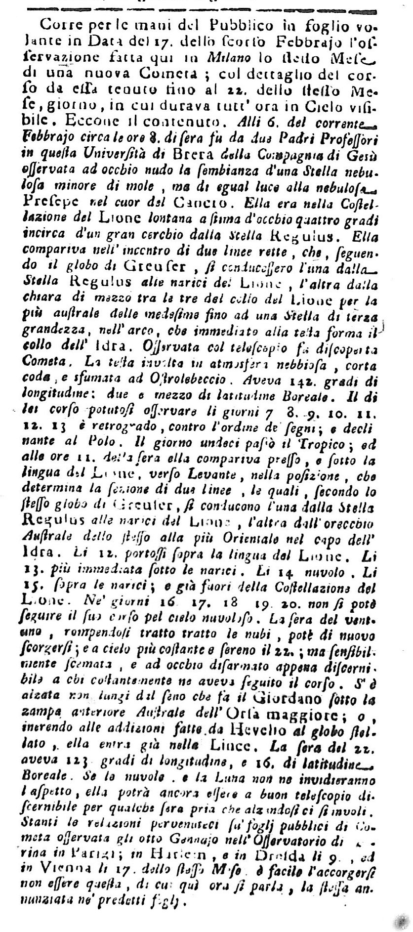 La prima scoperta astronomica fatta a Brera (1760)