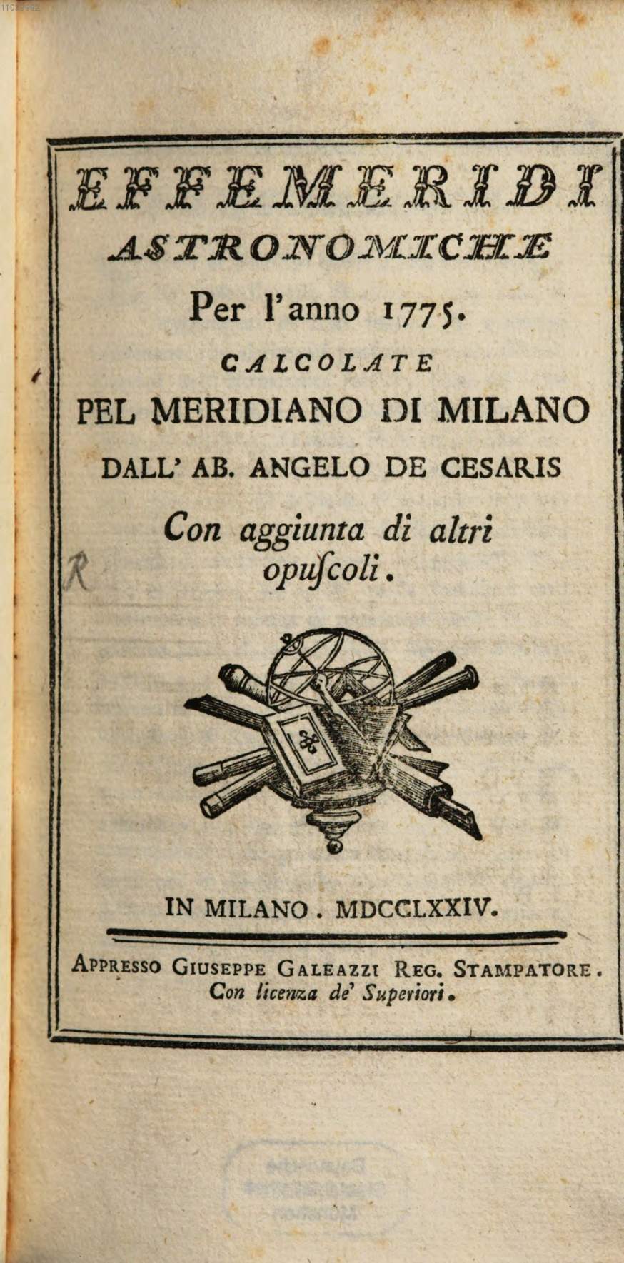 Intestazione del primo numero delle Effemeridi di Milano (1775)