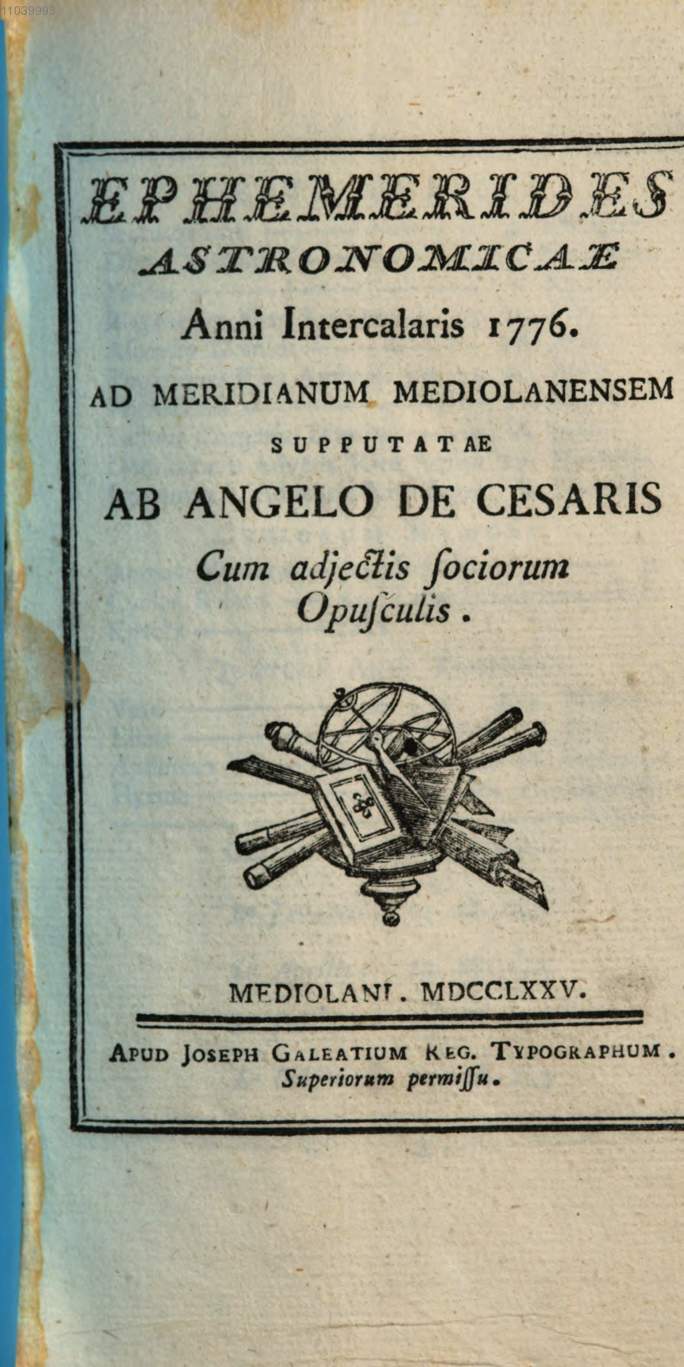 Intestazione del secondo numero delle Effemeridi di Milano (1776)