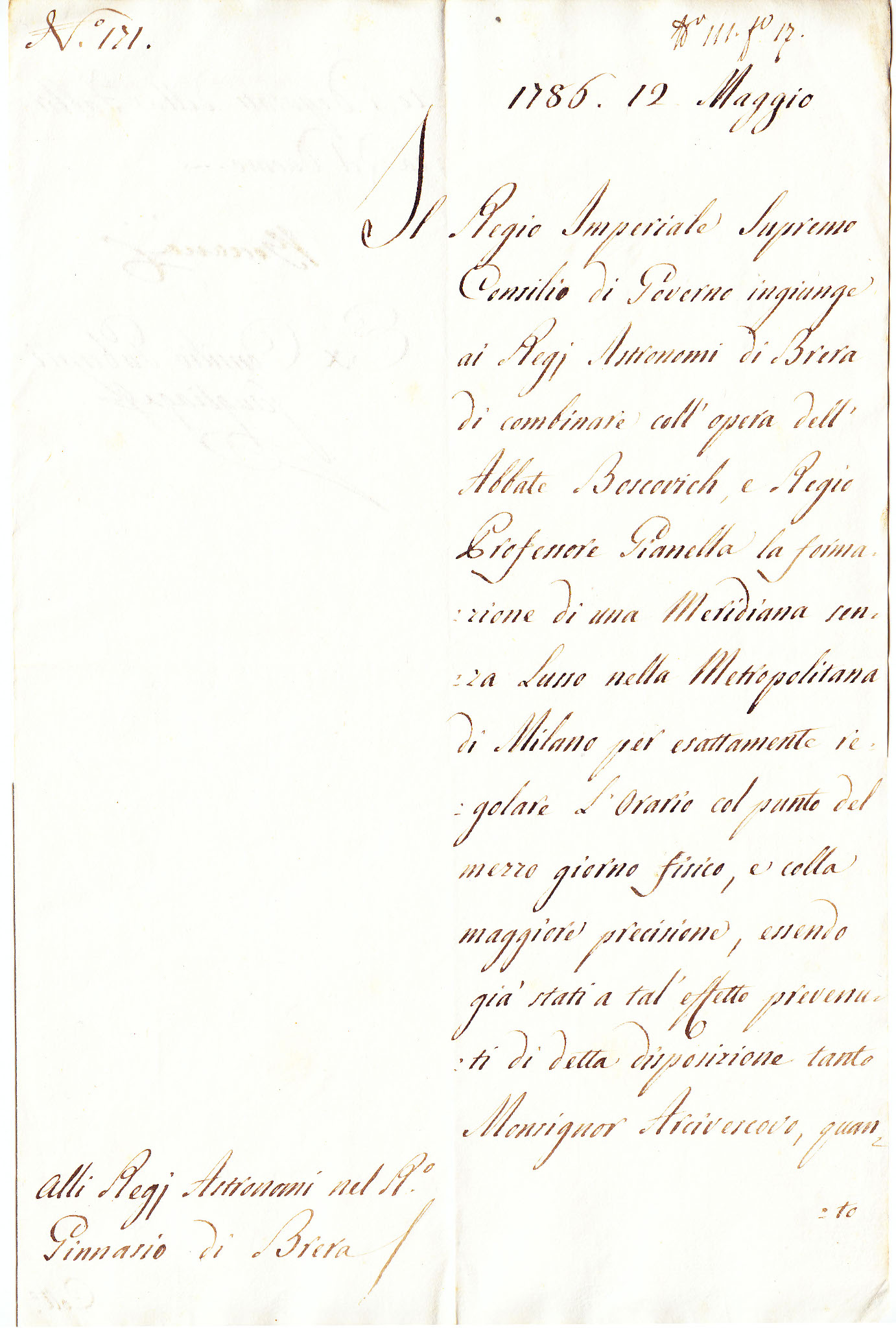 Lettera di incarico per la costruzione della meridiana del Duomo